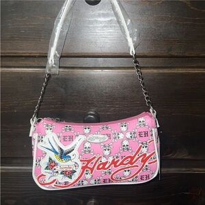 Ed Hardy Pink and White Skull Shoulder Bag